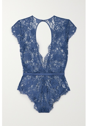 Coco de Mer - Hera Satin-trimmed Leavers Lace Bodysuit - Blue - small,medium,large