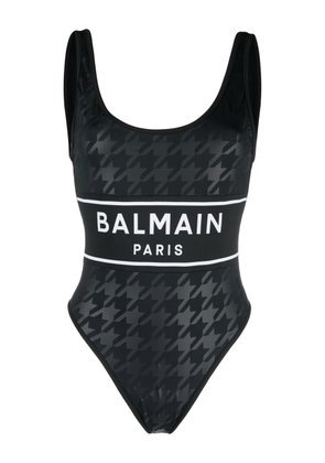 Balmain houndstooth-print logo-stripe swimsuit - Black