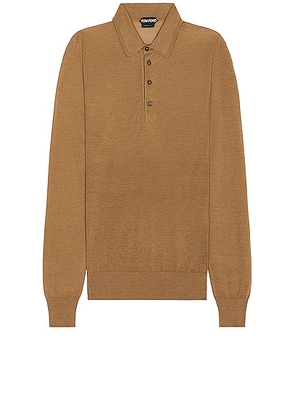 TOM FORD Piquet Long Sleeve Polo In Camel in Camel - Tan. Size 46 (also in 48, 52).