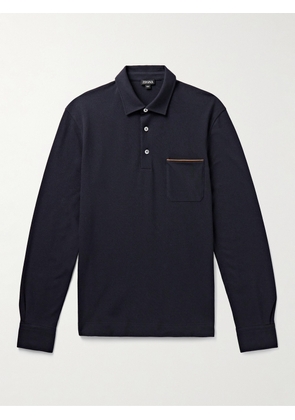 Zegna - Slim-Fit Suede-Trimmed Cotton-Piqué Polo Shirt - Men - Blue - IT 46