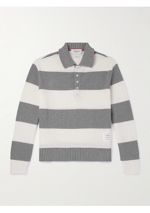 Thom Browne - Logo-Appliquéd Striped Waffle-Knit Cotton Polo Shirt - Men - Gray - 1