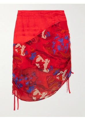 Ahluwalia - Priya Asymmetric Ruched Satin And Printed Tulle Mini Skirt - Red - UK 6,UK 8,UK 10,UK 12,UK 14
