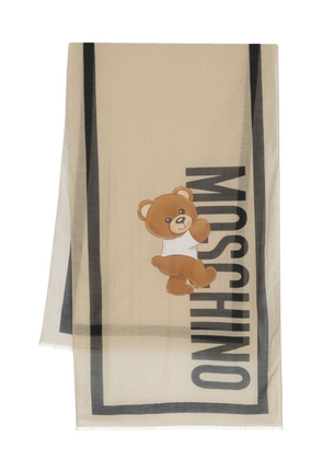 Moschino Teddy Bear-print fringed scarf - Neutrals