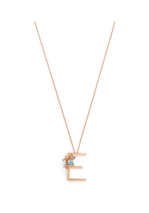 Bee Goddess Rose Gold, Diamond And Blue Topaz Letter 'E' Necklace