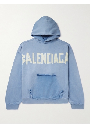 Balenciaga - Oversized Distressed Logo-Print Cotton-Jersey Hoodie - Men - Blue - S