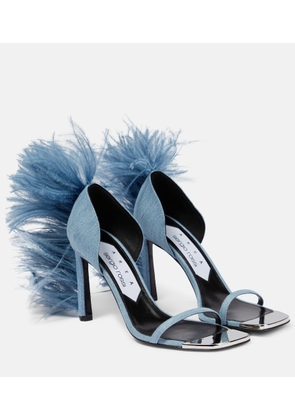 Area x Sergio Rossi Amazona feather-trimmed denim sandals