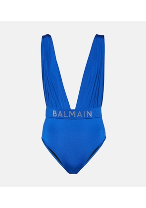 Balmain Crystal-embellished draped swimsuit