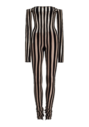 LaQuan Smith - Striped Off-The-Shoulder Velvet Catsuit - Black - S - Moda Operandi