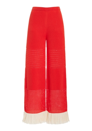 ESCVDO - Carisa Fringe-Detailed Knit Cotton Wide-Leg Pants  - Red - XL - Moda Operandi