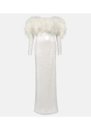 David Koma Off-shoulder sequined feather-trimmed gown