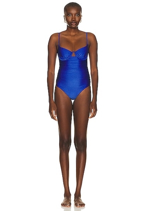 SIMKHAI Laine Ruched Cup Underwire Swimsuit in Lapis Blue - Royal. Size S (also in XS).