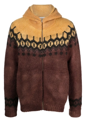 RANRA patterned intarsia-knit zipped hoodie - Brown