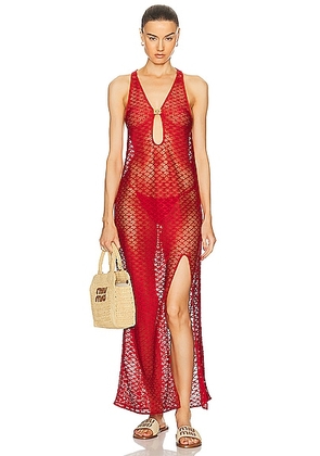 Ganni Mesh Lace Long Dress in Racing Red - Red. Size 32 (also in 34, 36).