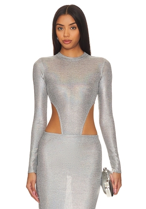 h:ours Shirley Bodysuit in Metallic Silver. Size XL, XXS.