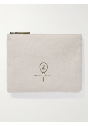 Brunello Cucinelli - Embroidered Leather-trimmed Cotton And Linen-blend Tweed Pouch - Off-white - One size