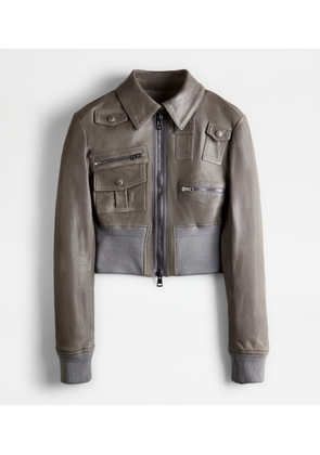 Tod's - Aviator Jacket in Leather, GREY, 38 - Coat / Trench