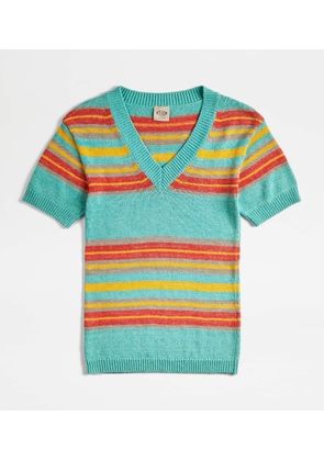 Tod's - Short-sleeved Linen Blend Jumper, ORANGE,YELLOW,LIGHT BLUE, M - Knitwear