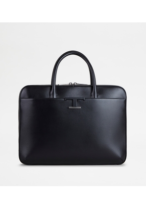 Tod's - T Timeless Slim Briefcase in Leather Medium, BLACK,  - Bags