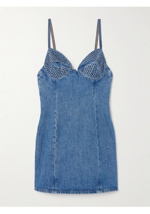 AREA - Crystal-embellished Polka-dot Denim Mini Dress - Blue - US0,US2,US4,US6