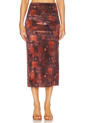 WeWoreWhat Velvet Patchwork Midi Skirt in Burgundy. Size L, S, XS.