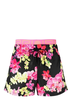Versace floral-print logo-waistband swim shorts - Black