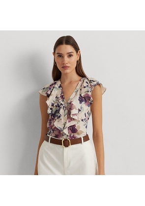 Floral Linen Flutter-Sleeve Shirt