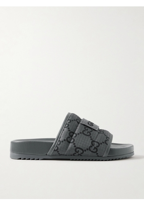 Gucci - Leather-Trimmed Logo-Appliquéd Monogrammed Padded Ripstop Slides - Men - Gray - UK 7