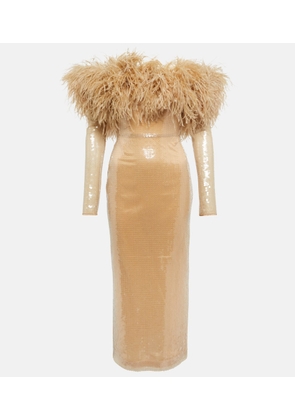 David Koma Feather-trimmed sequined midi dress