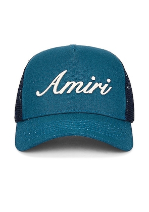 Amiri Amiri Script Trucker Hat in Teal - Teal. Size all.