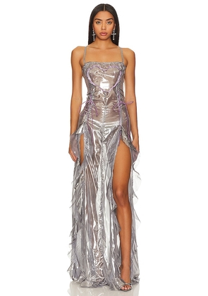 AMOR MIA Liquid Chiffon Maxi Dress in Metallic Silver. Size XS.