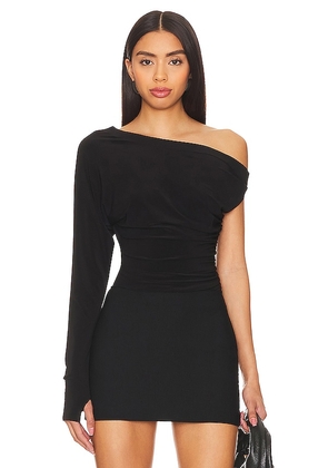 Norma Kamali One Sleeve Drop Shoulder Side Drape Top in Black. Size L, M, S, XXS.