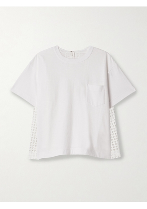Sacai - Paneled Cotton-jersey And Broderie Anglaise T-shirt - Neutrals - 1,2,3,4