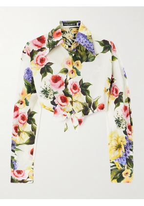 Dolce & Gabbana - Cropped Tie-front Floral-print Cotton-poplin Shirt - White - IT36,IT38,IT40,IT42,IT44,IT46,IT48,IT50