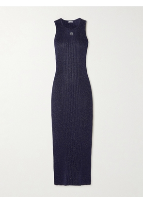 Loewe - Anagram Embroidered Ribbed Metallic Cotton-jersey Midi Dress - Blue - x small,small,medium,large