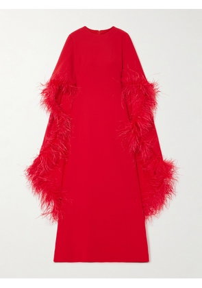 Huishan Zhang - Leighton Cape-effect Feather-embellished Crepe Gown - Red - UK 6,UK 8,UK 10,UK 12,UK 14,UK 16,UK 18,UK 20