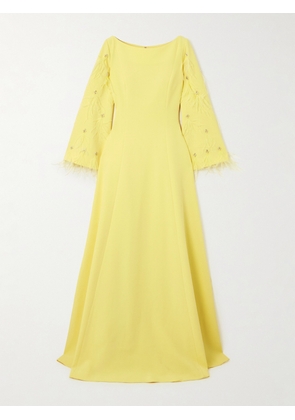 Huishan Zhang - Embellished Feathered Recycled Stretch-crepe Gown - Yellow - UK 6,UK 8,UK 10,UK 12,UK 14,UK 16,UK 18,UK 20