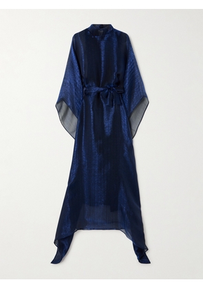 Taller Marmo - Oceano Belted Asymmetric Metallic Organza Turtleneck Gown - Blue - One size
