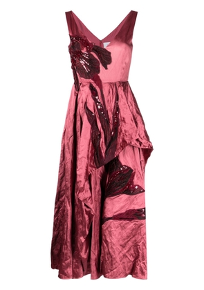 Erdem floral-appliqué satin asymmetric dress - Red