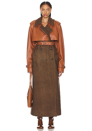 SIMKHAI Doni Faux Leather Combo Trench Coat in Beige Herringbone Multi - Brown. Size S (also in L, M).