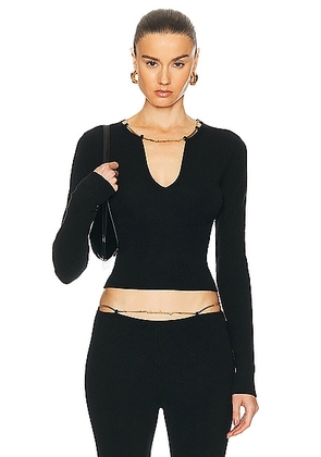 Alexander Wang V Neck Long Sleeve Top With Logo Necklace in Black - Black. Size L (also in M, S, XL, XS).