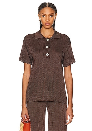Calle Del Mar Short Sleeve Wide Rib Polo Top in Chocolate - Chocolate. Size L (also in M).