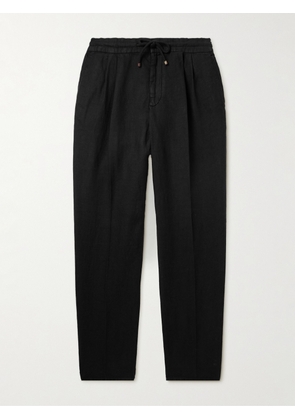 Brunello Cucinelli - Straight-Leg Pleated Linen-Twill Drawstring Trousers - Men - Black - IT 44