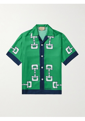 Gucci - Camp-Collar Printed Silk-Satin Shirt - Men - Green - IT 46