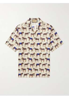 Gucci - Camp-Collar Printed Monogrammed Silk-Twill Shirt - Men - Neutrals - IT 50