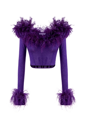 Raisa Vanessa - Feather-Trimmed Glittered Knit Corset Top - Purple - FR 38 - Moda Operandi