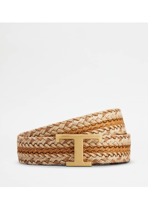 Tod's - T Timeless Belt in Leather and Fabric, BEIGE,BROWN, 105 - Belts