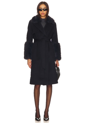 Adrienne Landau Faux Fur Trim Wool Coat in Navy. Size L, S.