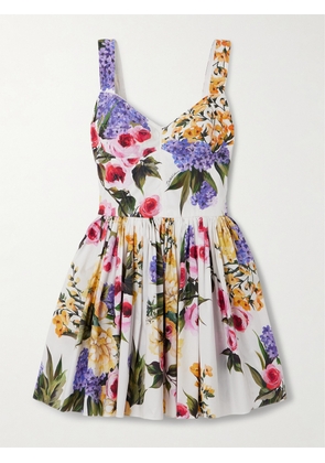 Dolce & Gabbana - Pleated Floral-print Stretch Cotton-poplin Mini Dress - White - IT36,IT38,IT40,IT42,IT44,IT46,IT48,IT50