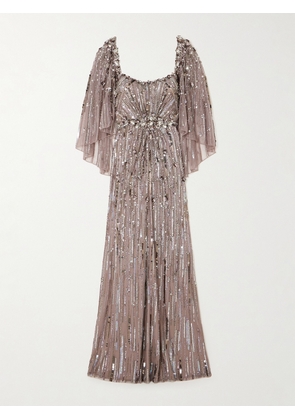Jenny Packham - Cape-effect Embellished Tulle Gown - Metallic - UK 6,UK 8,UK 10,UK 12,UK 14,UK 16,UK 18,UK 20