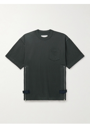 Sacai - Grosgrain-Trimmed Button and Zip-Detailed Cotton-Jersey T-Shirt - Men - Gray - 1